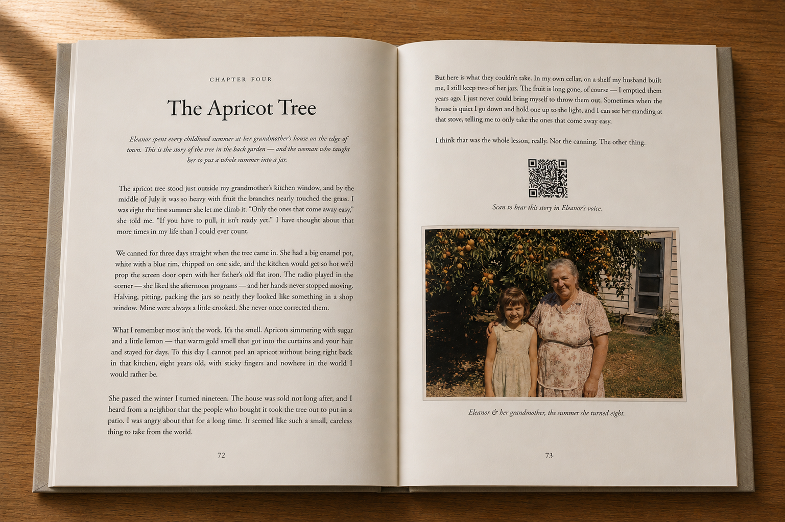 An open spread of a finished Fablr book — a chapter with a QR audio code and a family photo.
