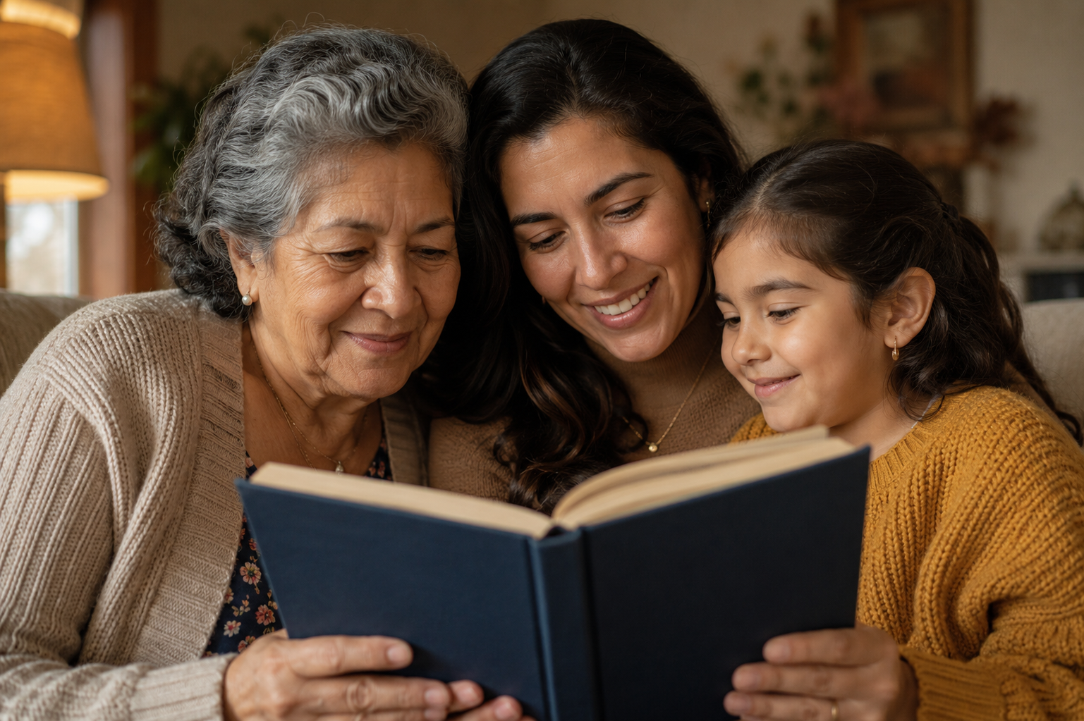 Three generations — grandmother, mother, and granddaughter — holding an open finished hardcover together, reading it side by side