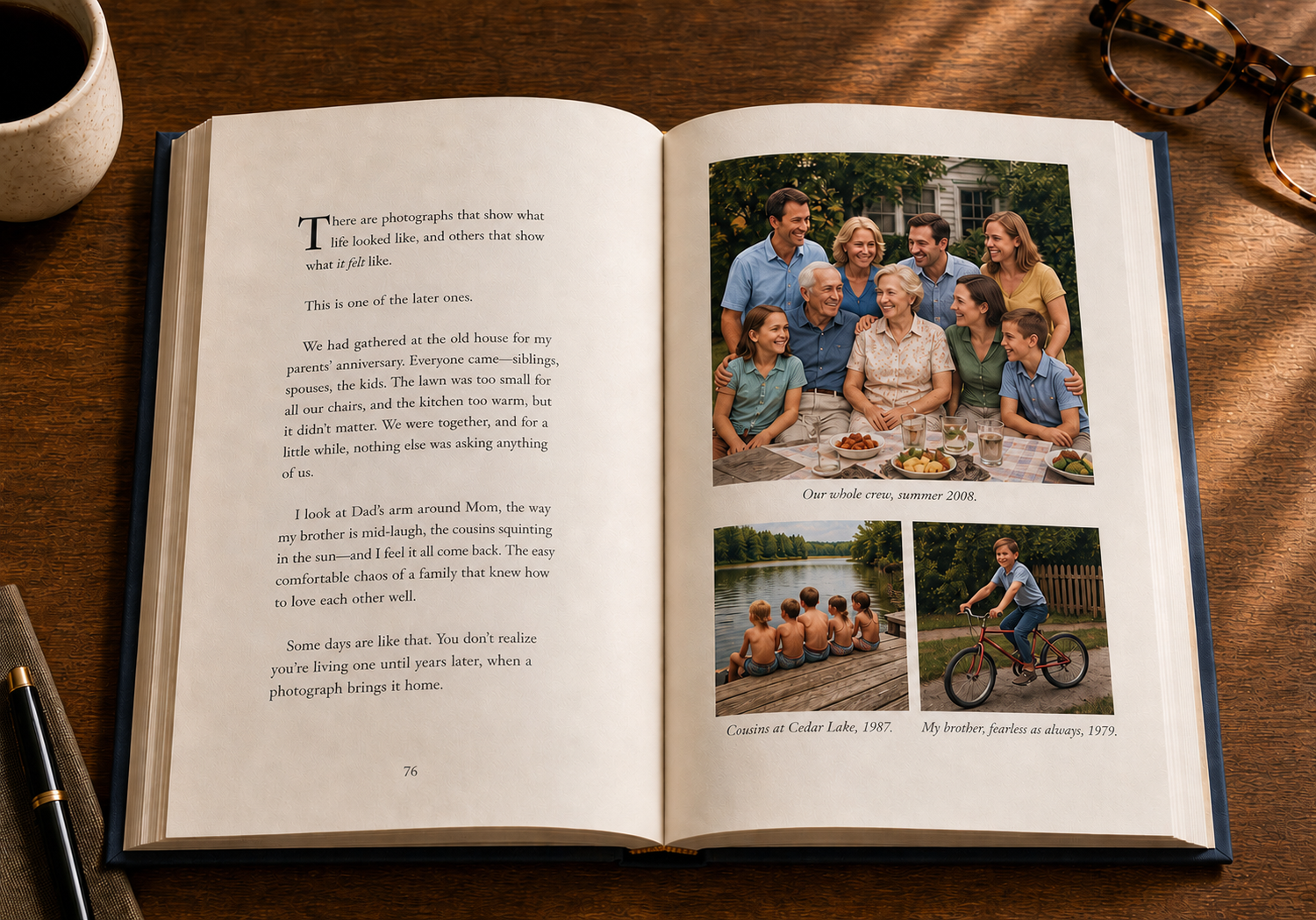 An open book spread with a family photograph set beside the written story it belongs to