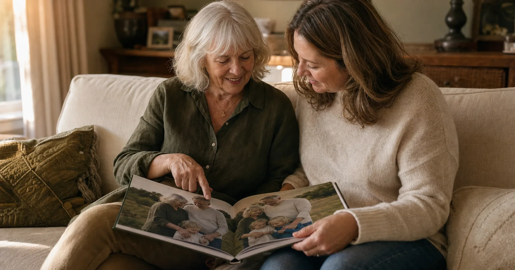 A grandmother sharing a story in a sunlit room