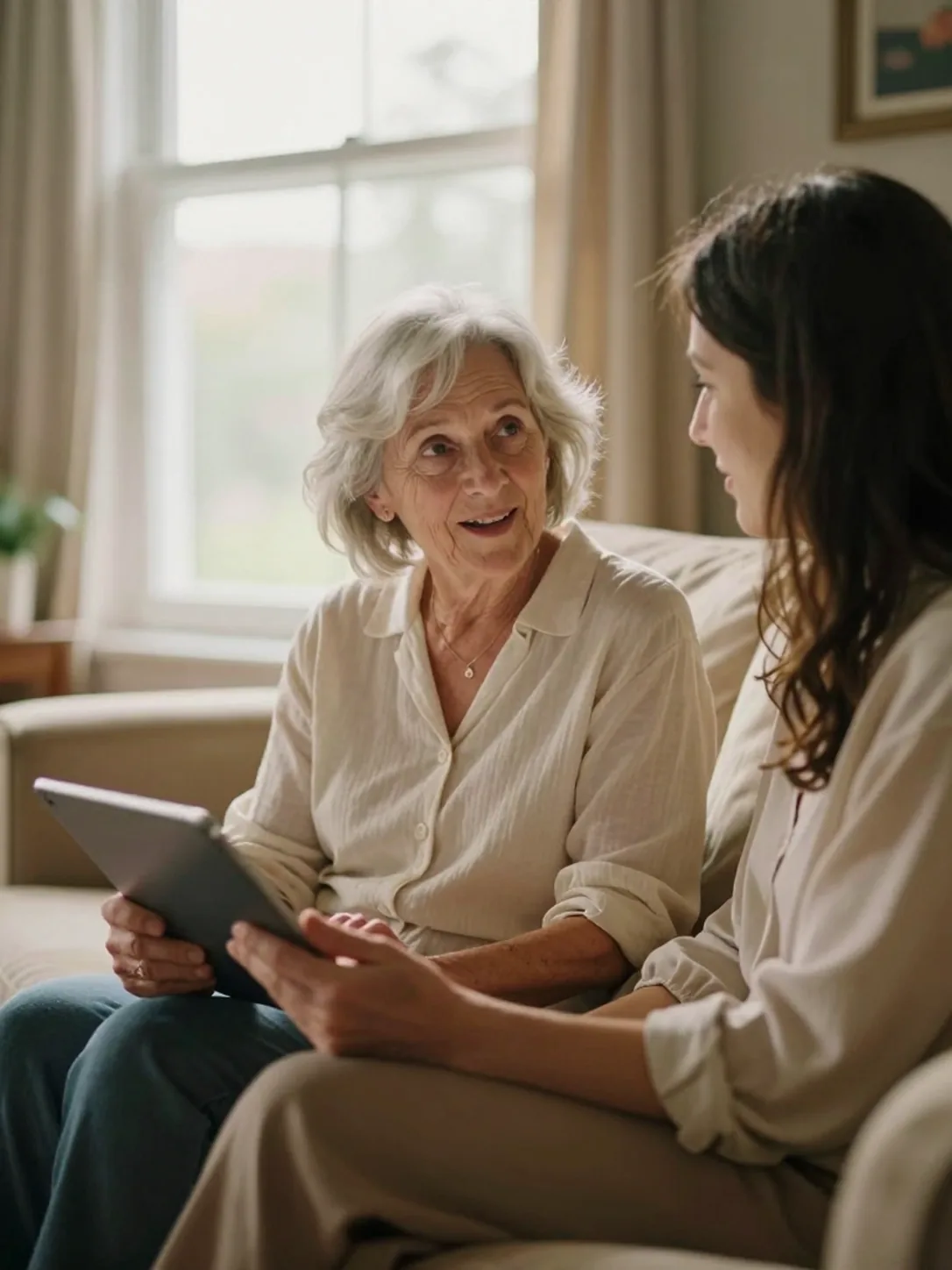 An older woman holding a tablet in a sunlit room, talking while her adult daughter sits beside her