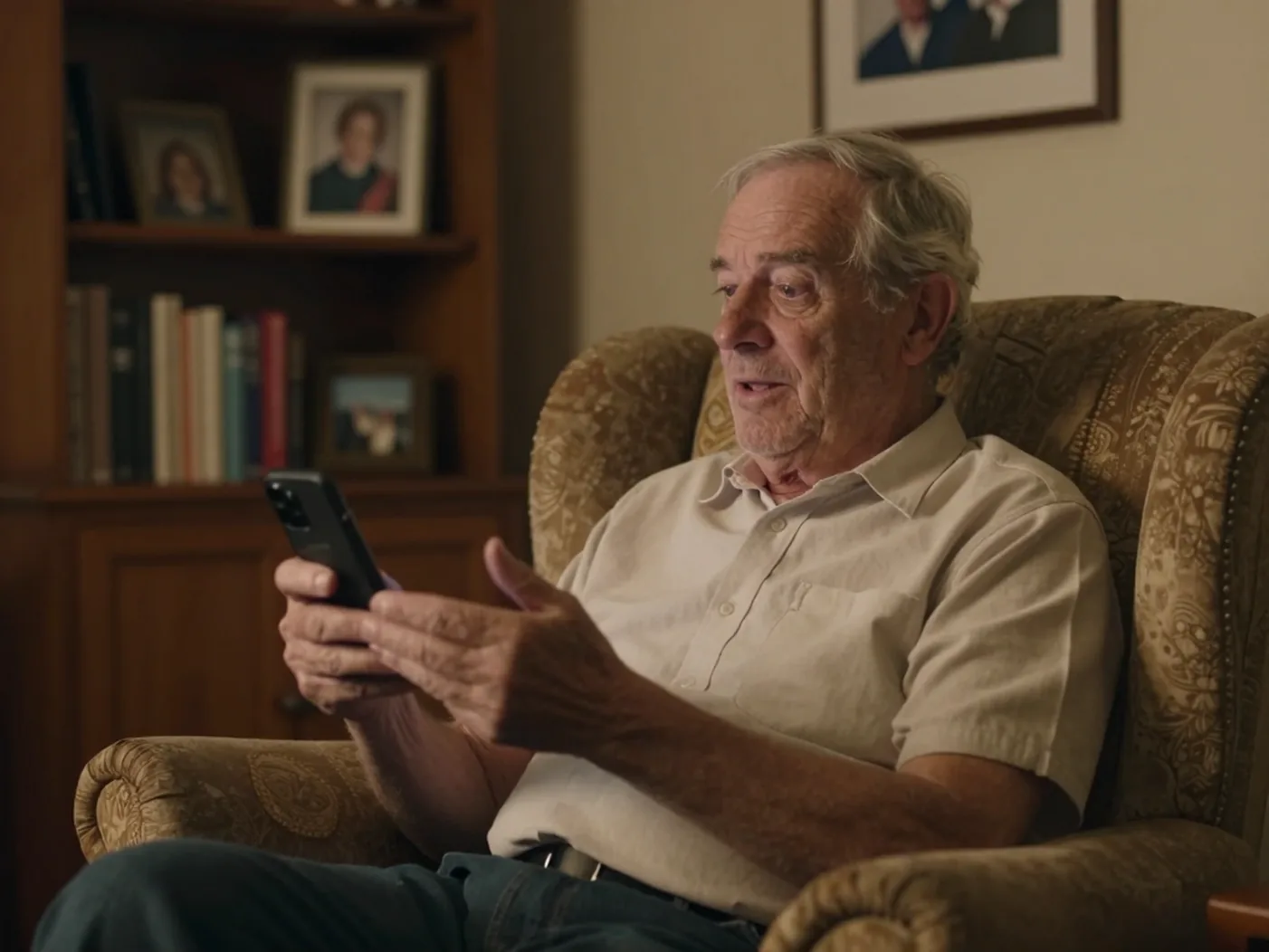 An older man sitting in an armchair holding a phone, mid-sentence, in a warm living room