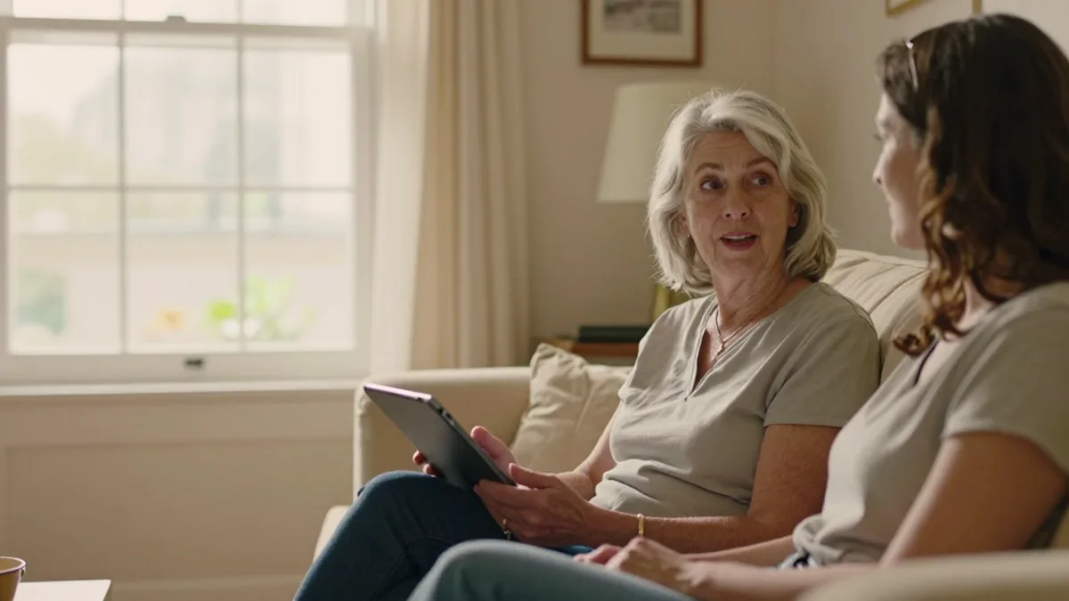 An older woman talking while holding a tablet, her daughter beside her