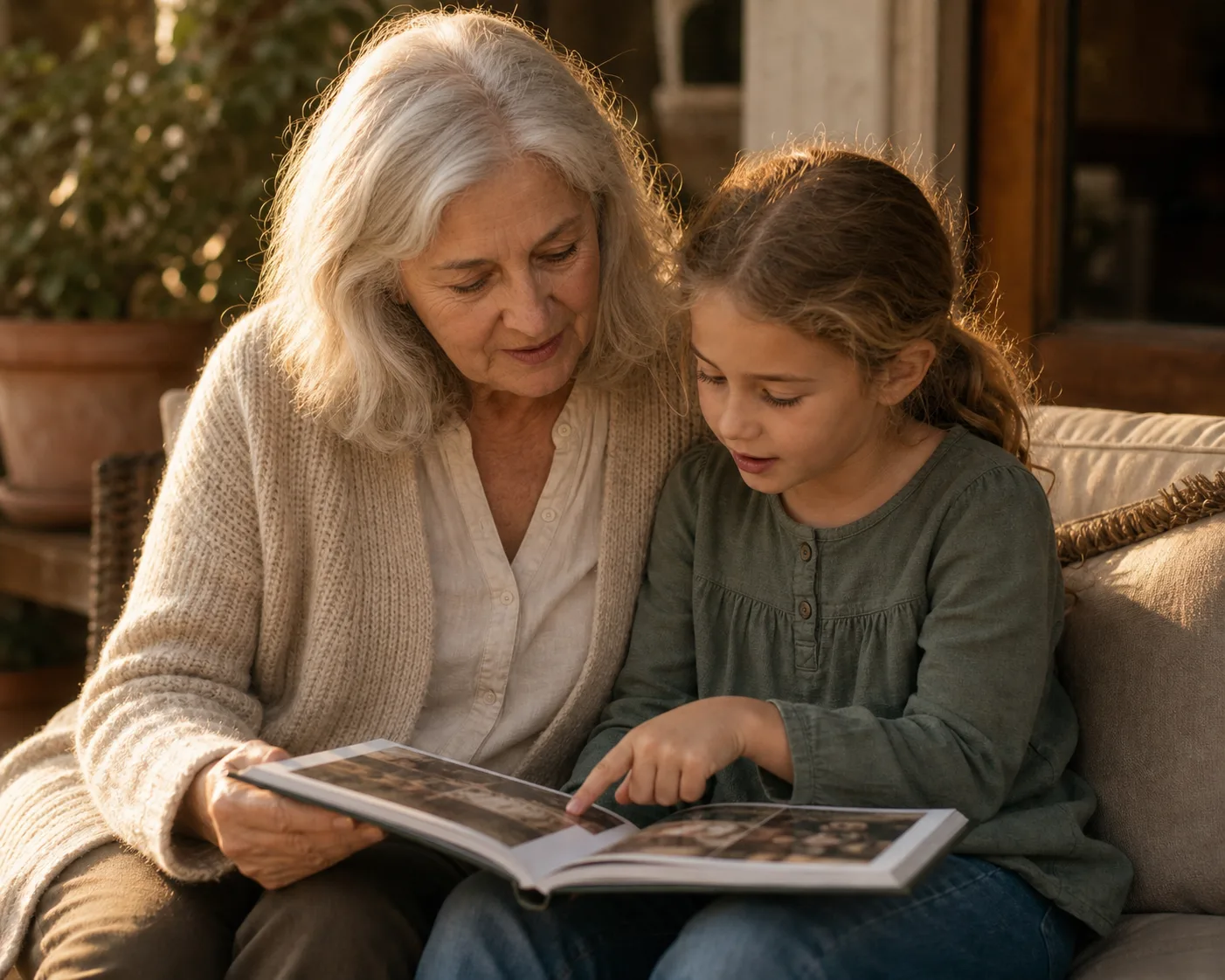 A grandmother and her young grandchild looking at a hardcover memoir together