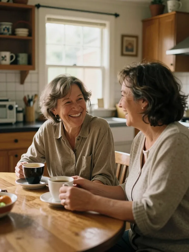 A relaxed retired couple in their mid-sixties laughing together at a sunlit kitchen table