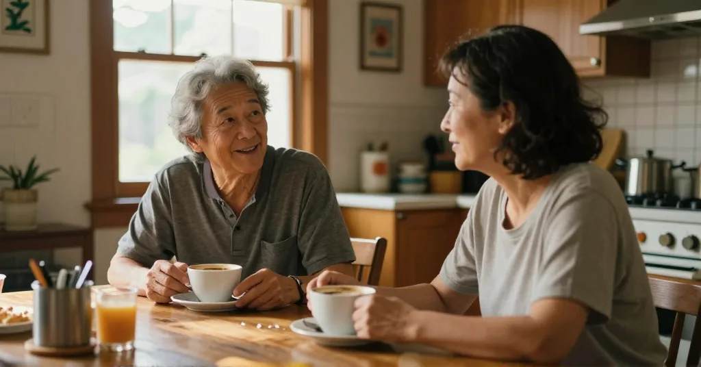 A relaxed retired couple laughing at a sunlit kitchen table