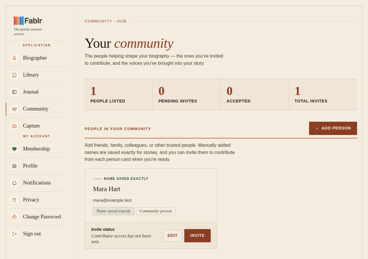 Community page with Add person and person cards for family contributors.