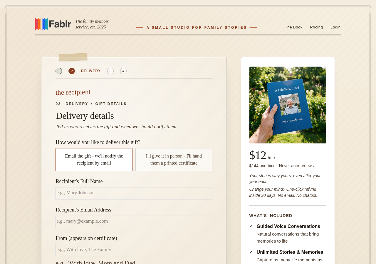 Get started page showing the gift setup fields for a recipient.