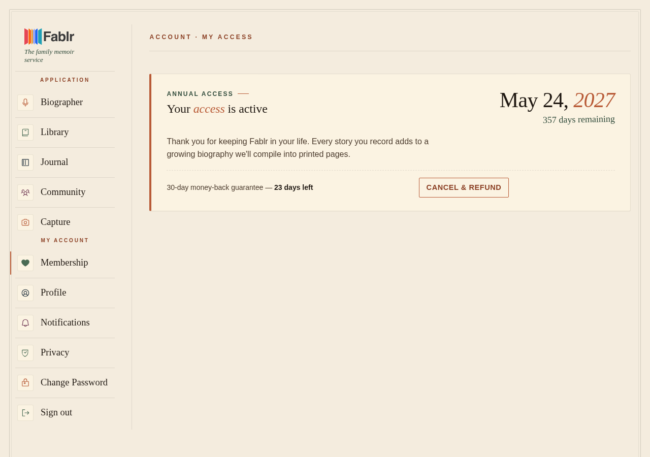 Subscription settings page showing Annual Access and an access expiration date.