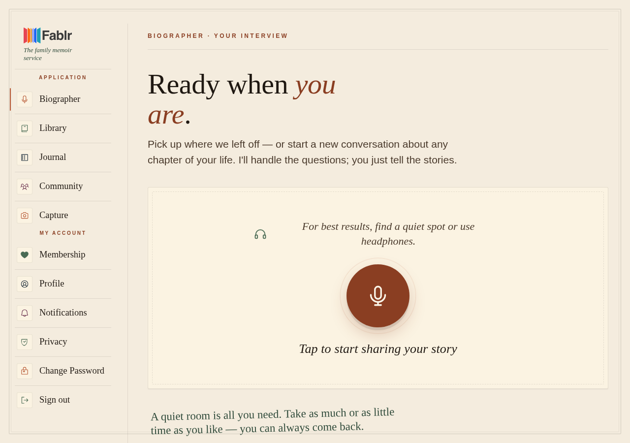 Voice conversation page showing the support entrypoint before a recording starts.