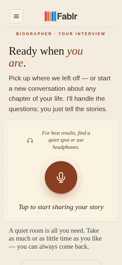 Phone-sized voice conversation screen ready for a helper-led first session.