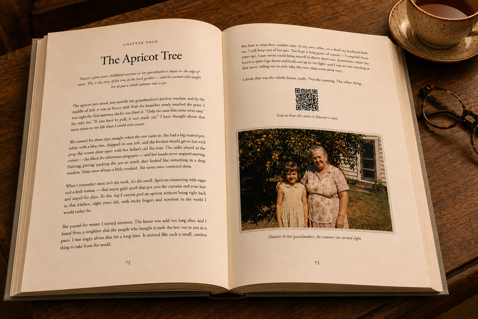 Open sample book spread titled The Apricot Tree