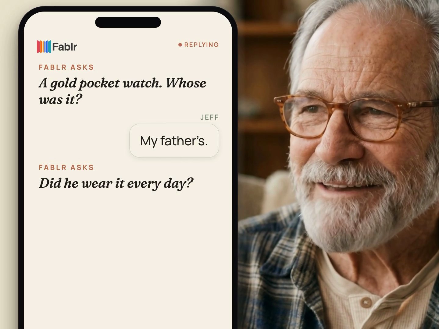 The Fablr app asks whose pocket watch it was while the storyteller answers by voice