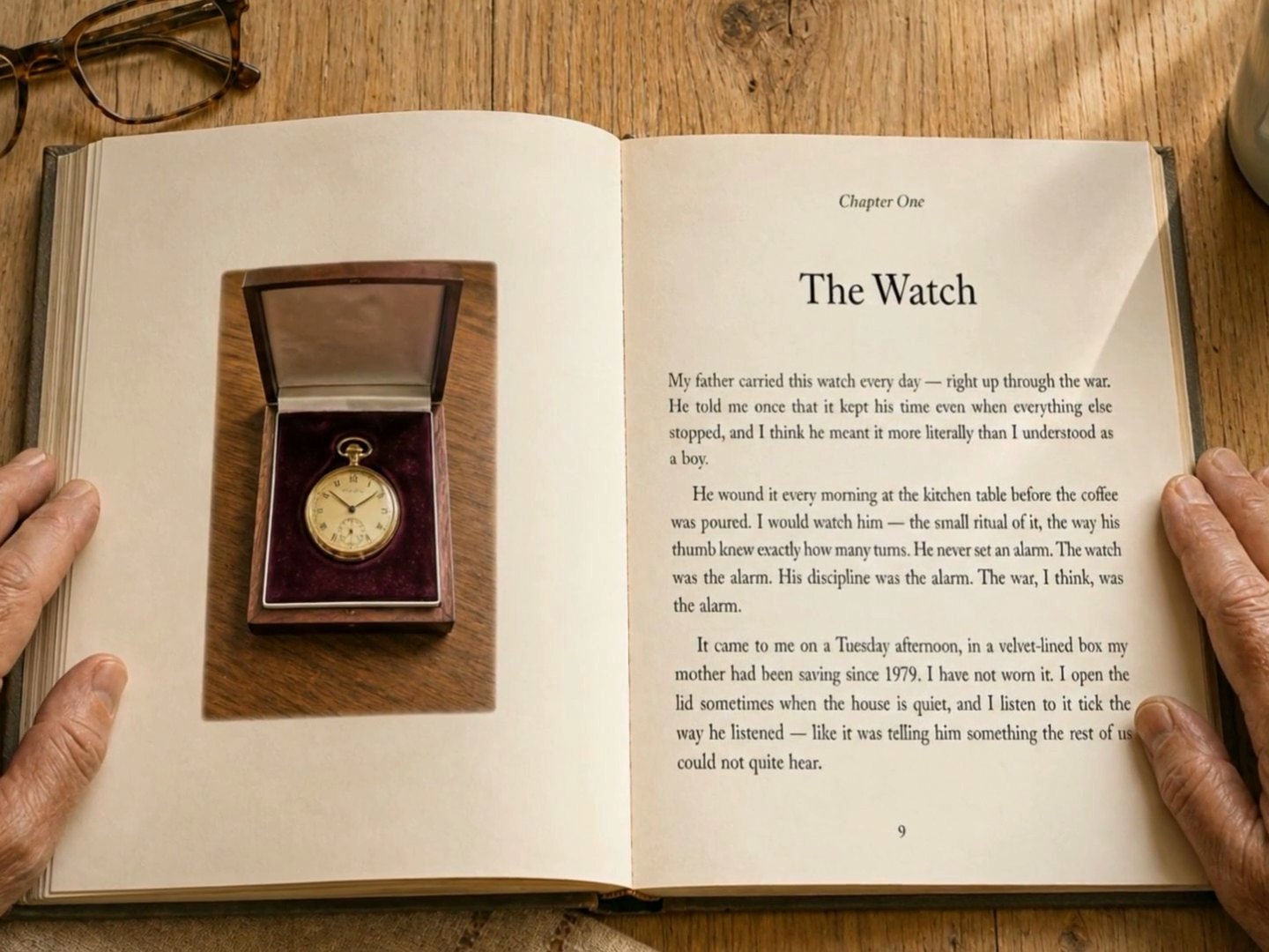 A printed Fablr chapter titled The Watch with a photo of the pocket watch