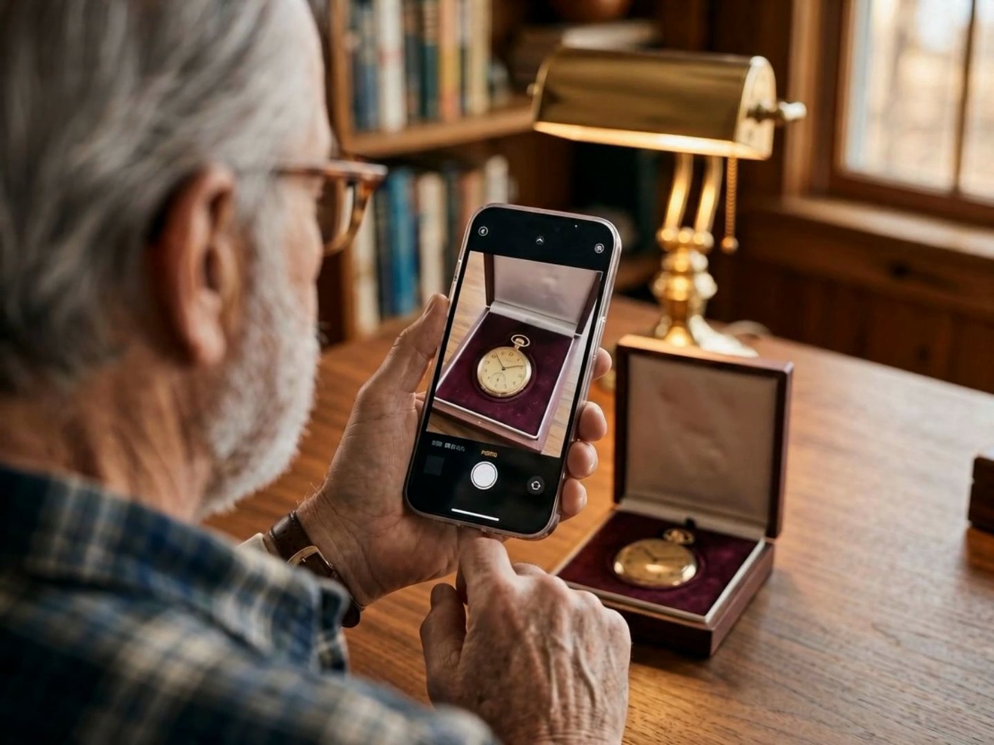 A storyteller photographs a gold pocket watch with the Fablr app