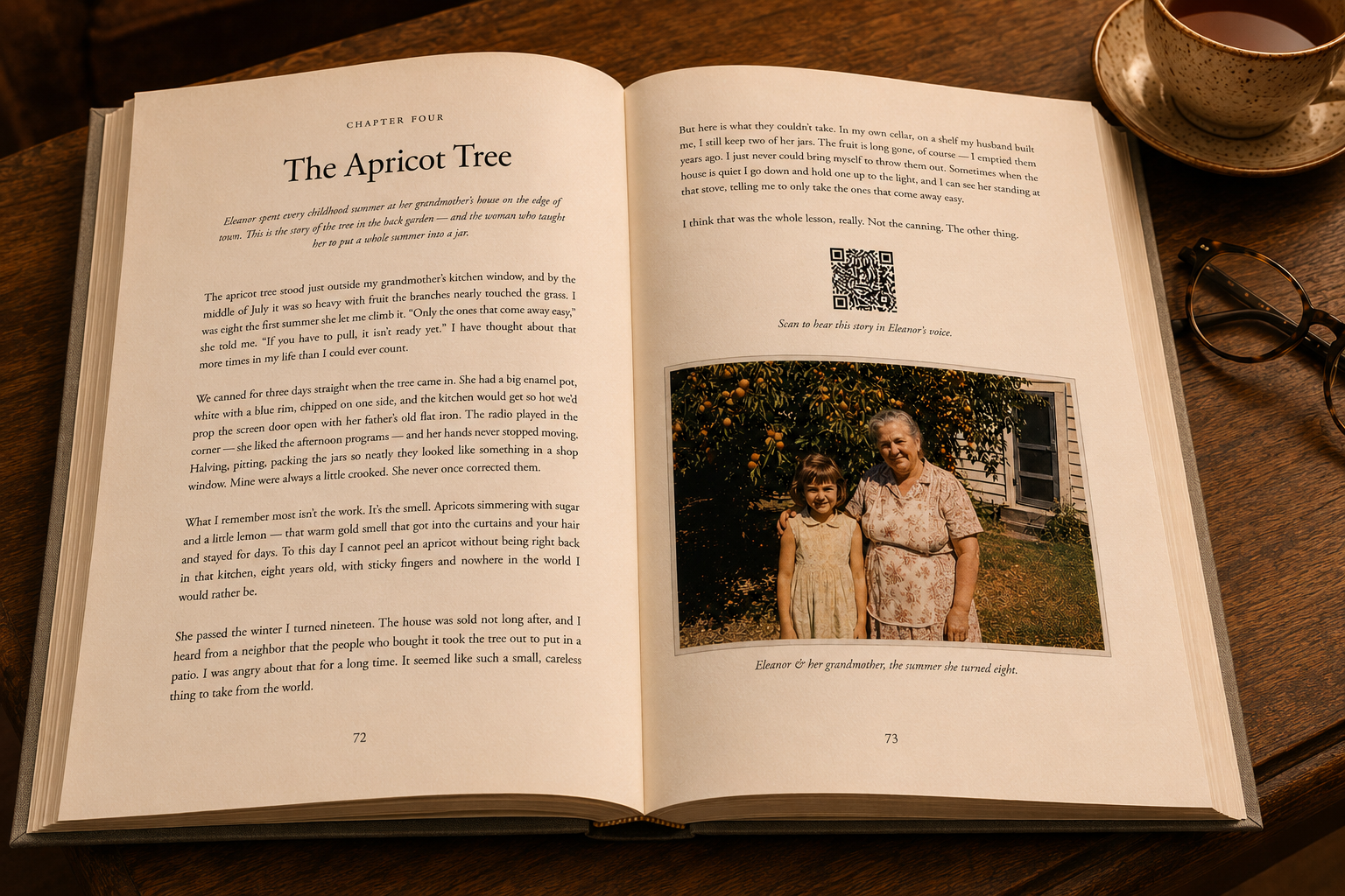 An open Fablr memoir rests on a side table in a warm, lamp-lit living room, beside reading glasses and a cup of tea.