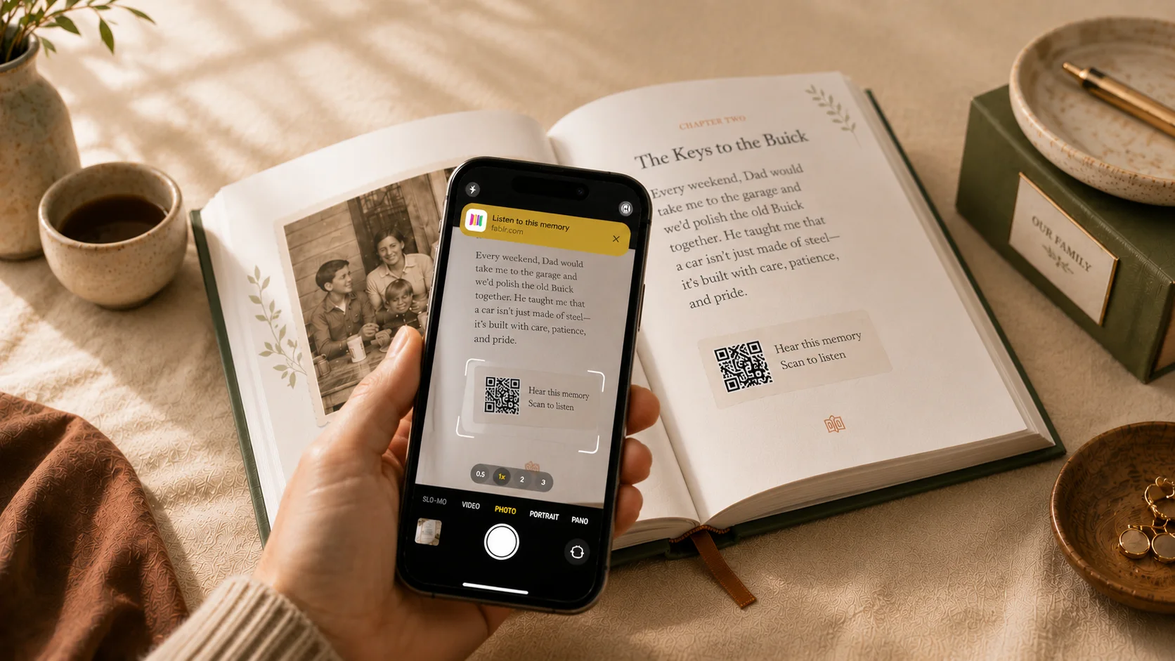 A phone camera scanning the code printed in a chapter to hear it in the storyteller's own voice