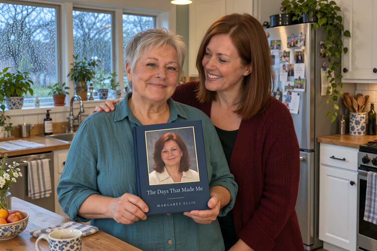 A mother and her daughter in the kitchen, holding her finished hardcover