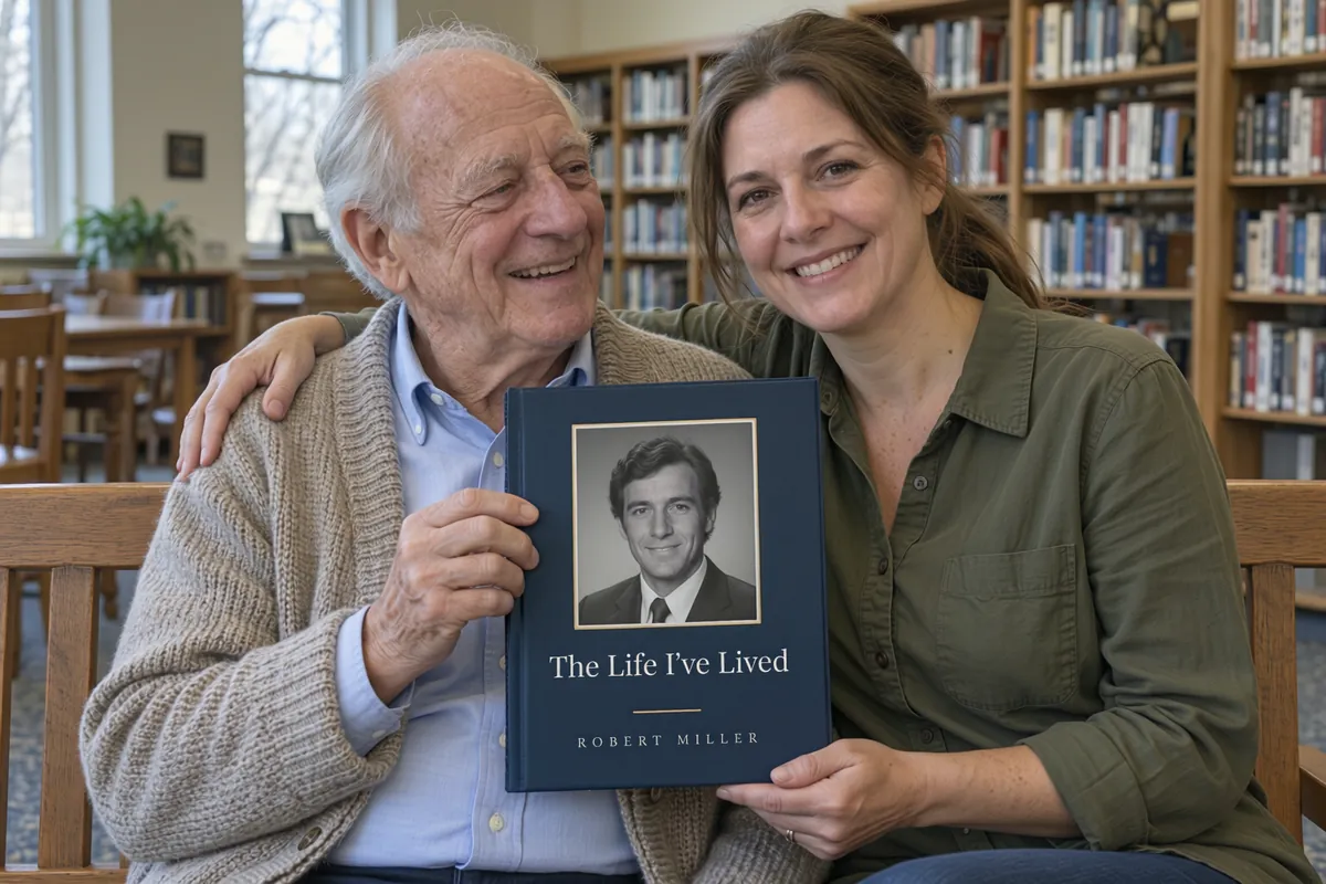 An older father and his adult daughter hold his finished hardcover